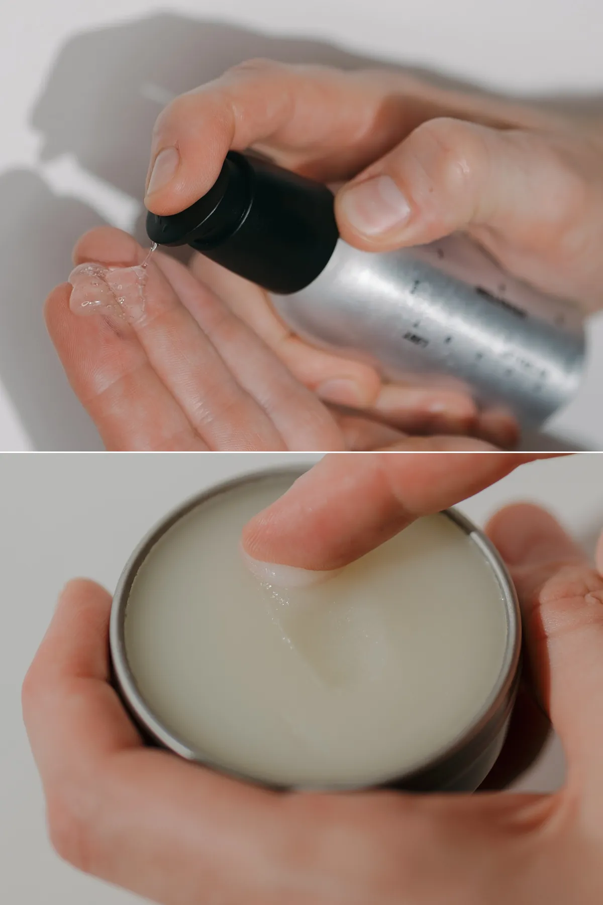 Hydration Gel dispensed into an open palm, above Barrier Balm lifted from the tin